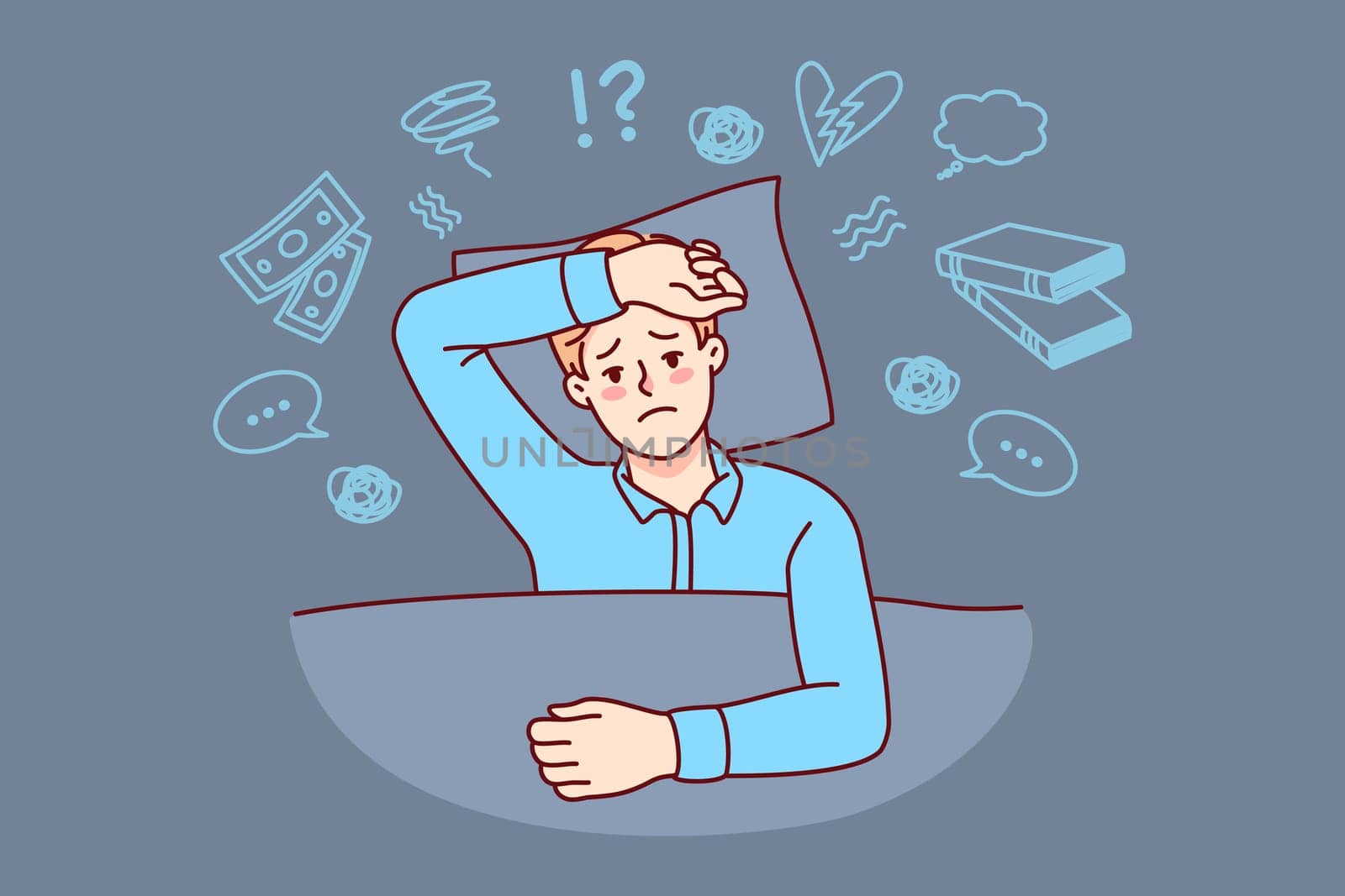 Unhappy man lying in bed suffer from insomnia overthinking. Stressed guy have sleepless night thinking too much. Vector illustration.