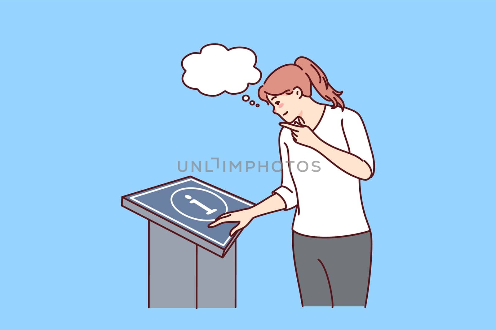 Woman looking at information board thinking. Girl consult info table in administration building. Client service concept. Vector illustration.