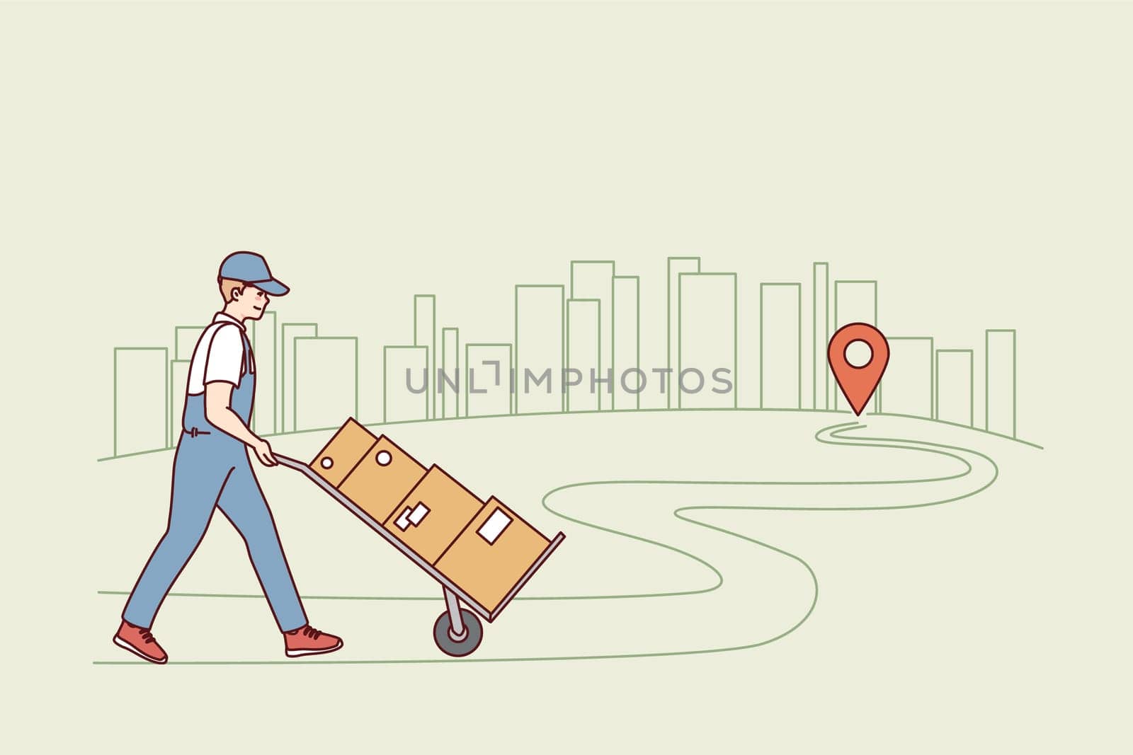 Deliveryman with packages walking to recipient. Courier or postman delivering orders to client or customer. Good delivery service. Vector illustration.