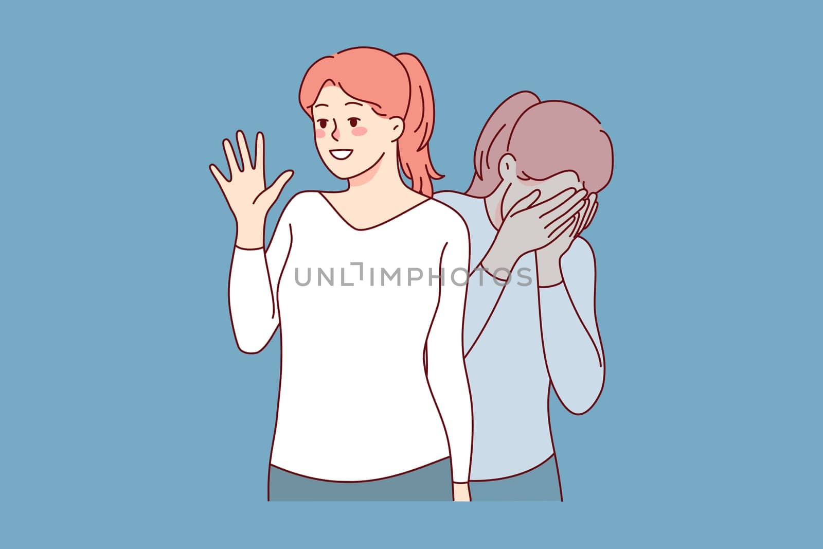 Girl pretending happy and smiling suffering from depression mental breakdown. Young woman struggle with psychology problems inside. Vector illustration.