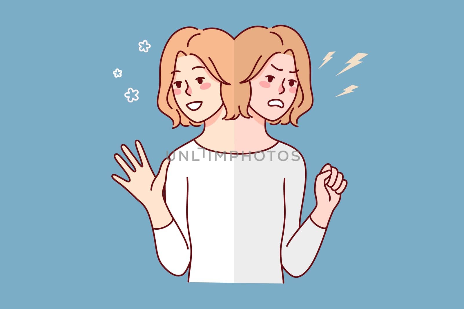 Woman suffer from bipolar disorder. Emotional girl struggle with mood swings or mental psychological problems. Vector illustration.