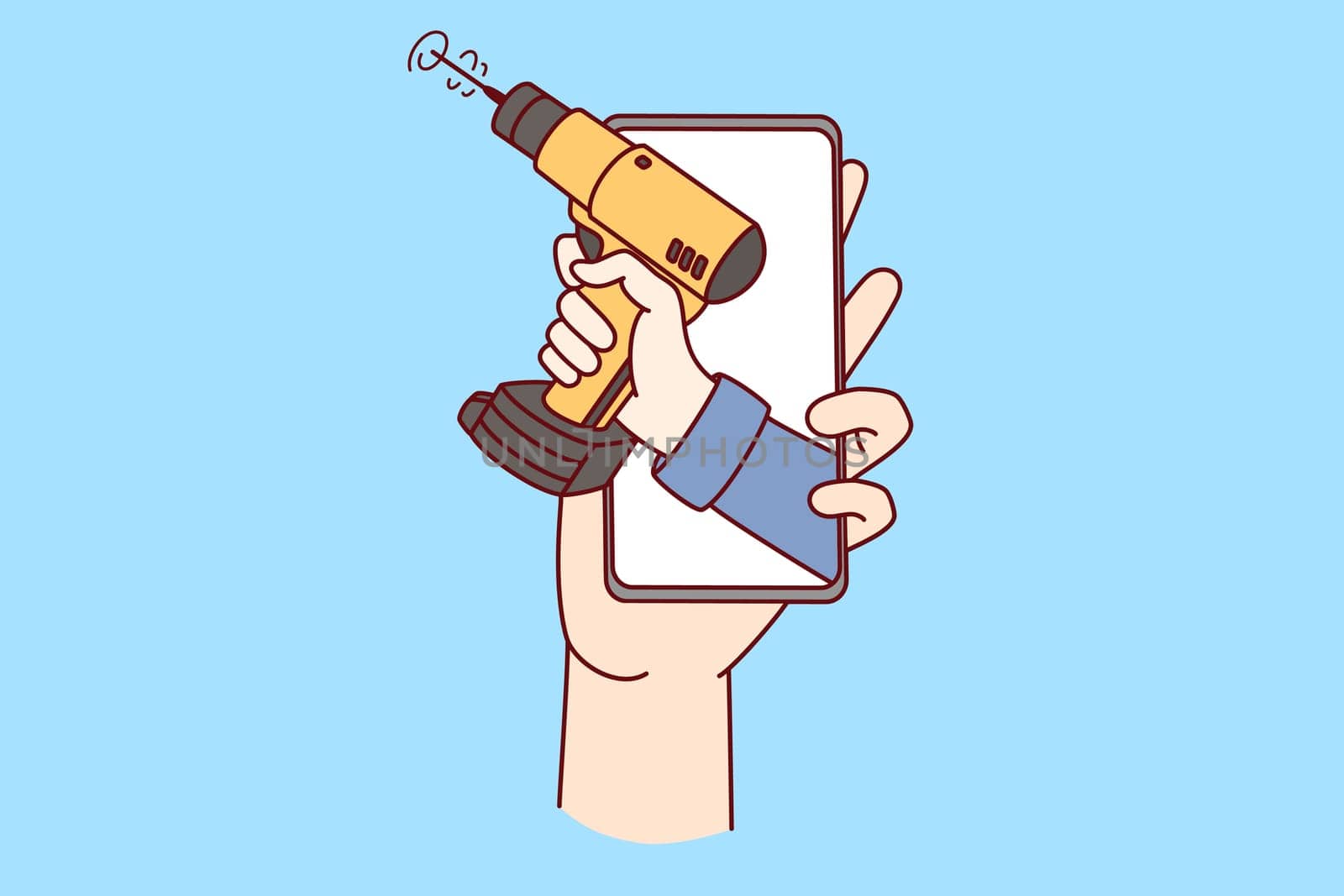 Person holding smartphone with mechanic on screen. Concept of online repair and fixing manual. Vector illustration.