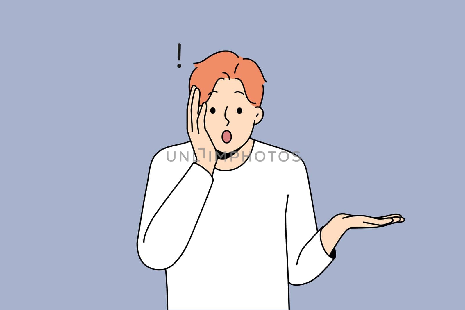 Stunned young man feel shocked by unbelievable news. Amazed male surprised by unexpected information or data. Vector illustration.