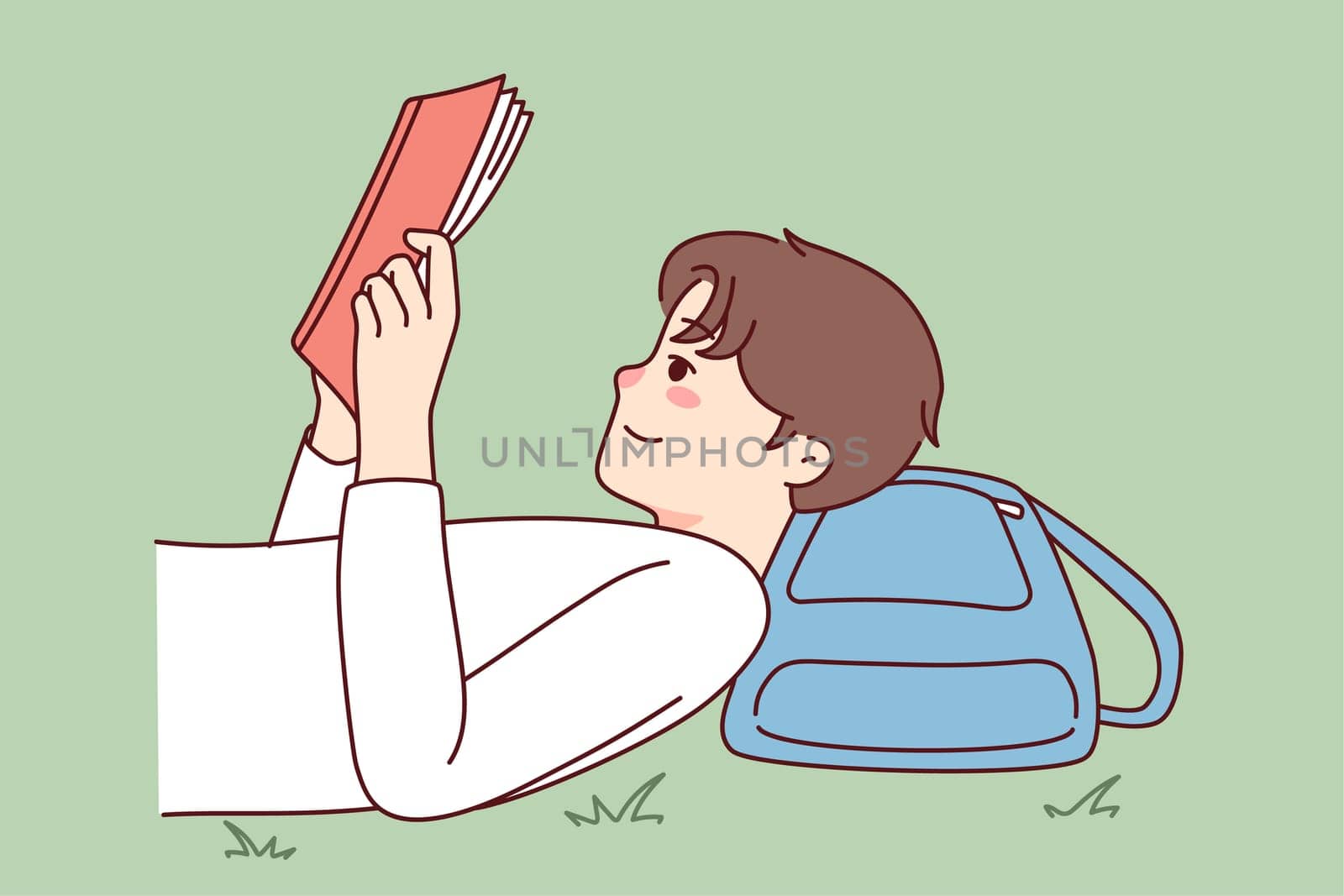 Happy guy lying on grass reading book. Smiling child enjoy literature. Knowledge and education. Vector illustration.