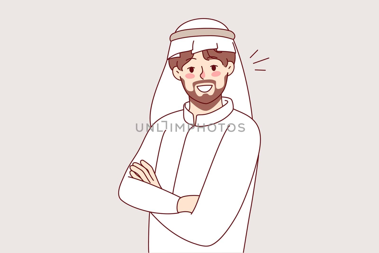Portrait of Arabic man in traditional clothing. Smiling arab male in thobe follow muslim culture and traditional. Vector illustration.