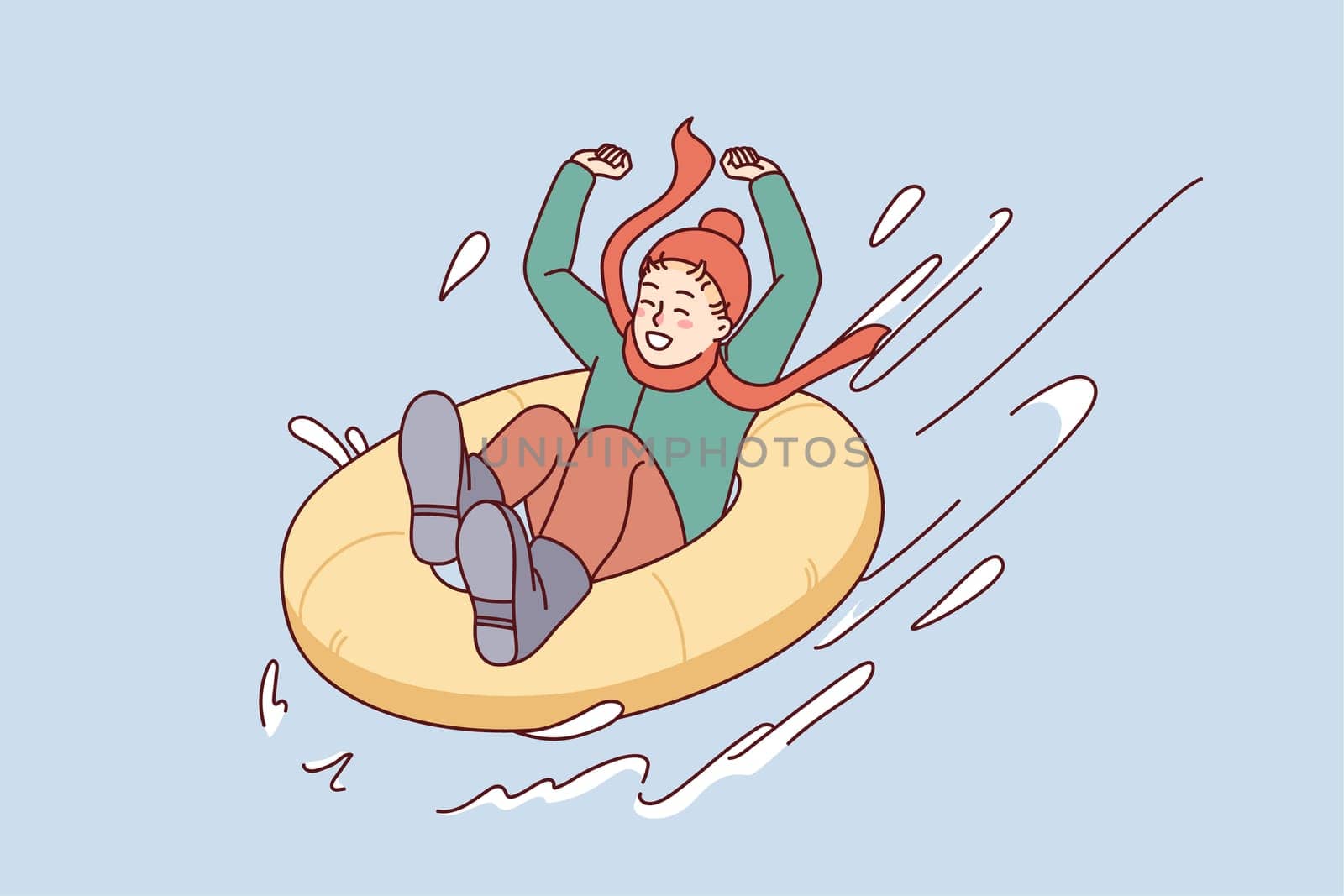 Happy child riding on inflatable ring from winter mountain. Smiling kid have fun enjoy holiday activities outdoors. Vector illustration.