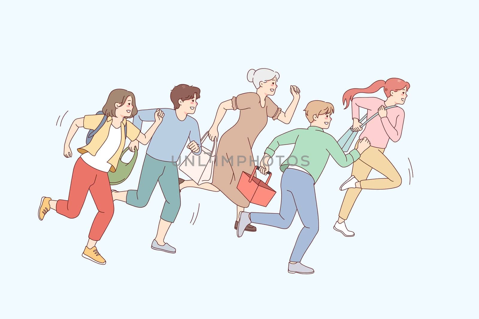 People running go shopping on sales. Excited shopaholics rush hurry for discounts or promotion. Vector illustration.