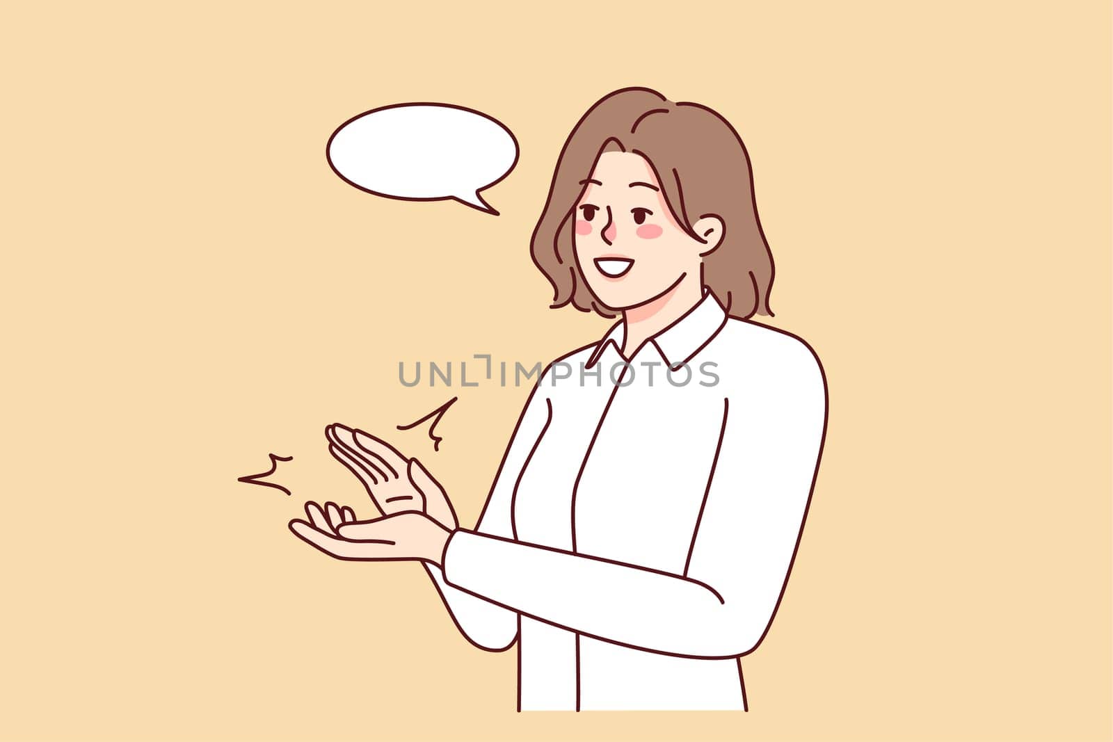 Happy businesswoman clap hands show appreciation and gratitude. Smiling woman applaud demonstrate acknowledgement. Vector illustration.