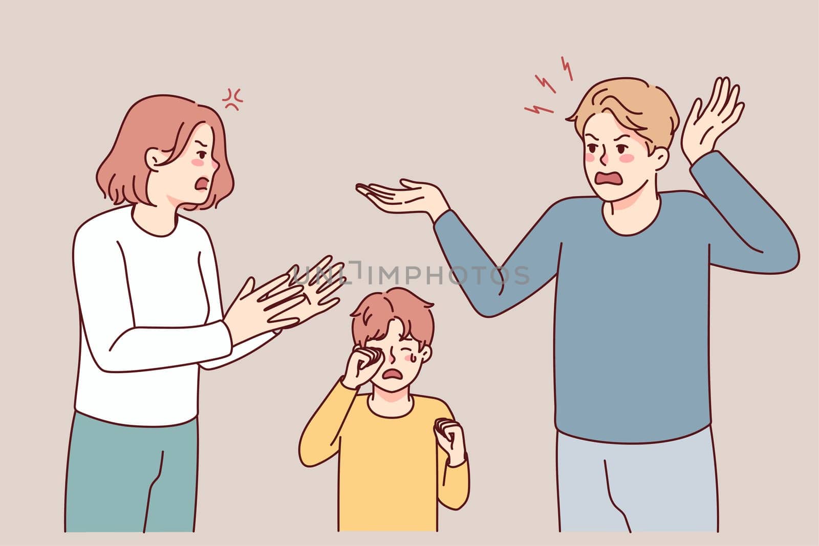 Little boy crying with mad parents argue near. Furious careless mother and father fight scream near small son. Children trauma, domestic violence. Vector illustration.