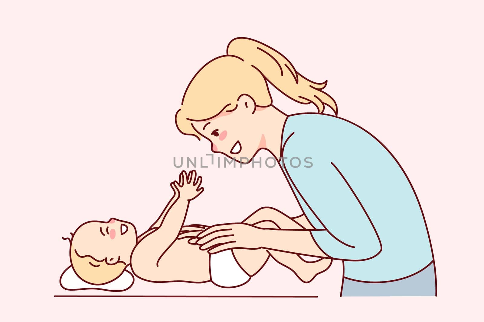 Smiling young mother playing with newborn baby. Happy mom have fun caress infant on table. Motherhood and parenthood. Vector illustration.