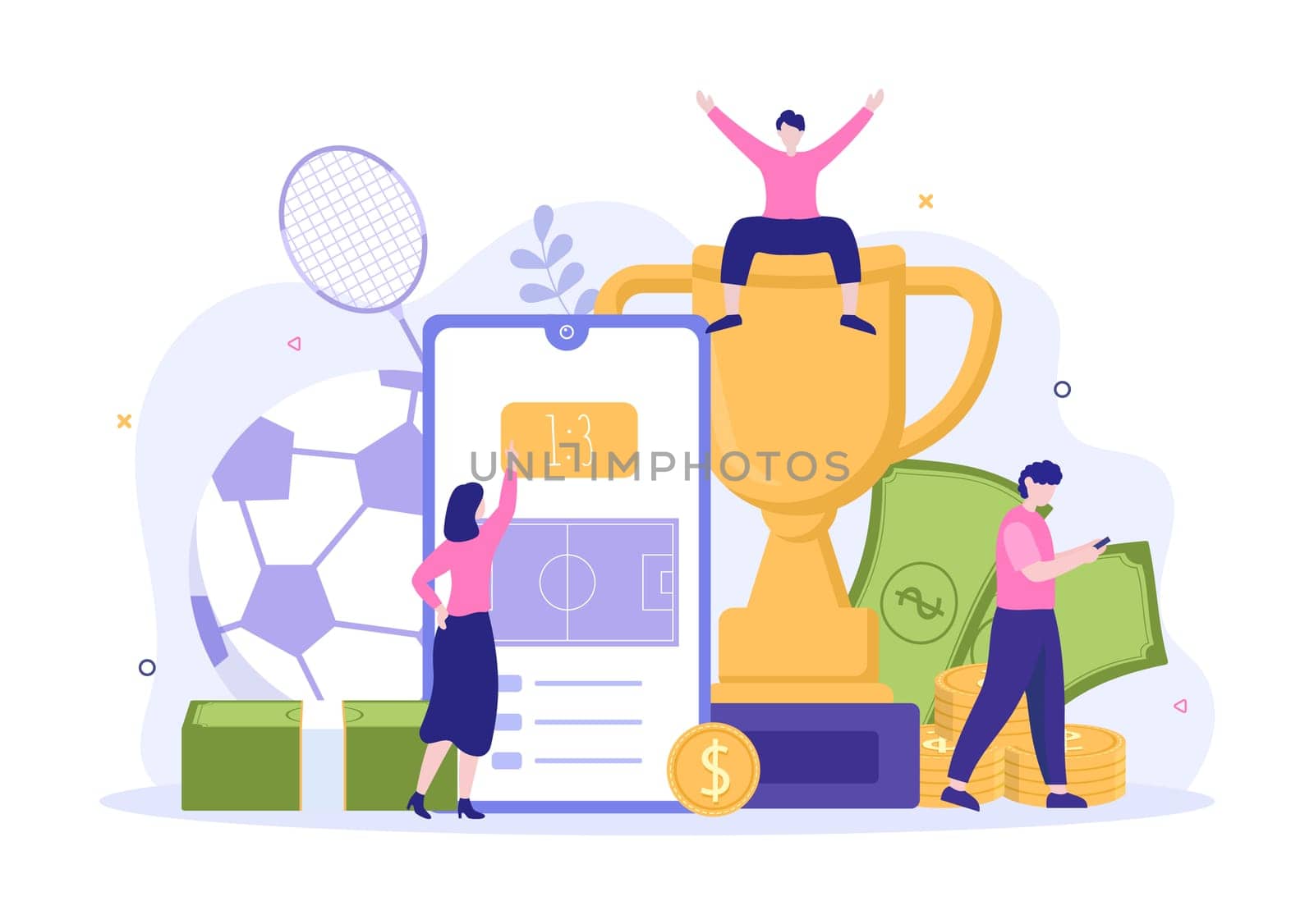 Online Betting Sports Game with Gold Coins and Live Bet Application Service Sport Broadcast in Hand Drawn Cartoon Flat Illustration