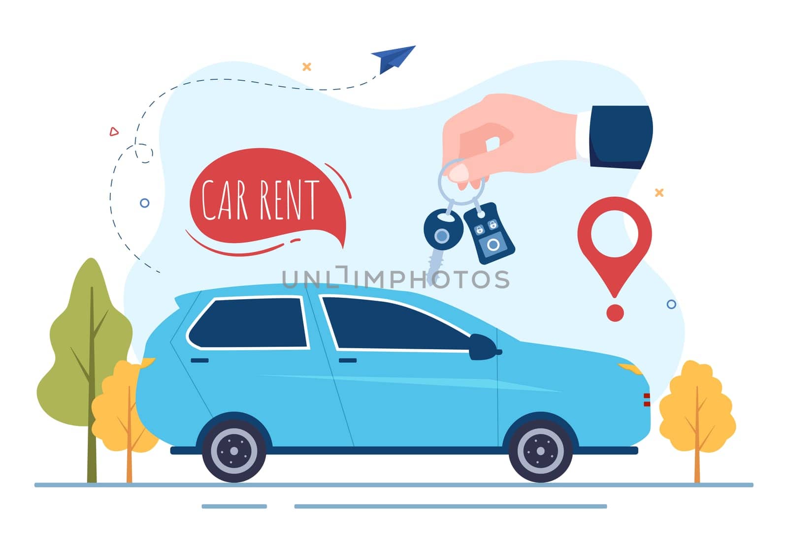 Car Rental, Booking Reservation and Sharing using Service Mobile Application with Route or Points Location in Hand Drawn Cartoon Flat Illustration