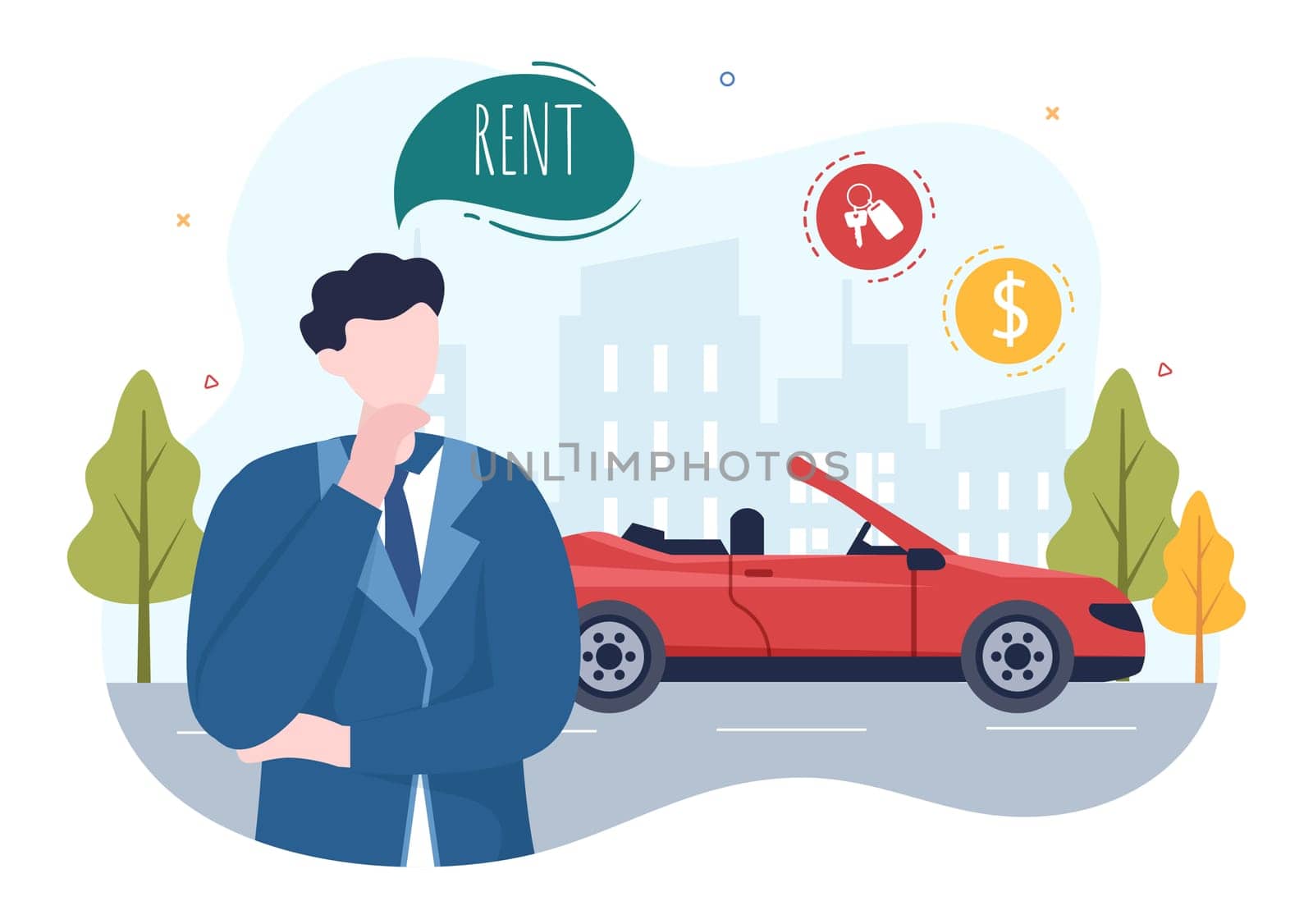 Car Rental, Booking Reservation and Sharing using Service Mobile Application with Route or Points Location in Hand Drawn Cartoon Flat Illustration