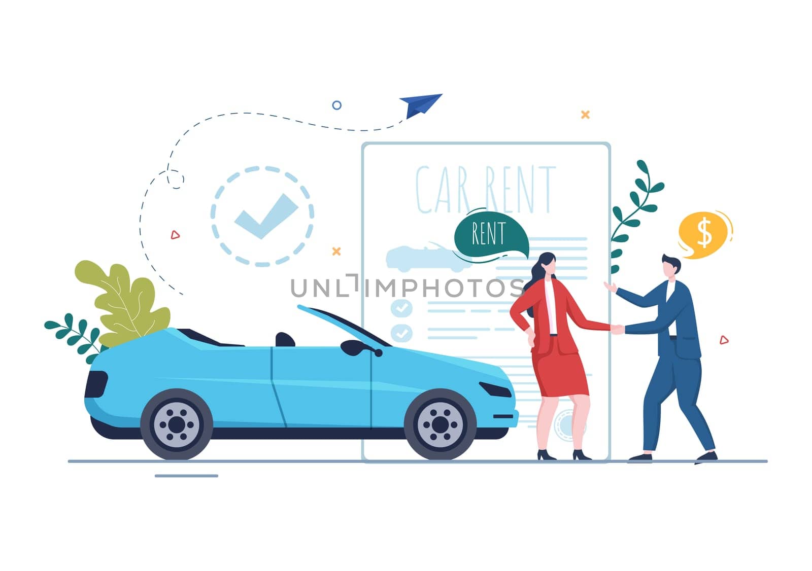 Car Rental, Booking Reservation and Sharing using Service Mobile Application with Route or Points Location in Hand Drawn Cartoon Flat Illustration