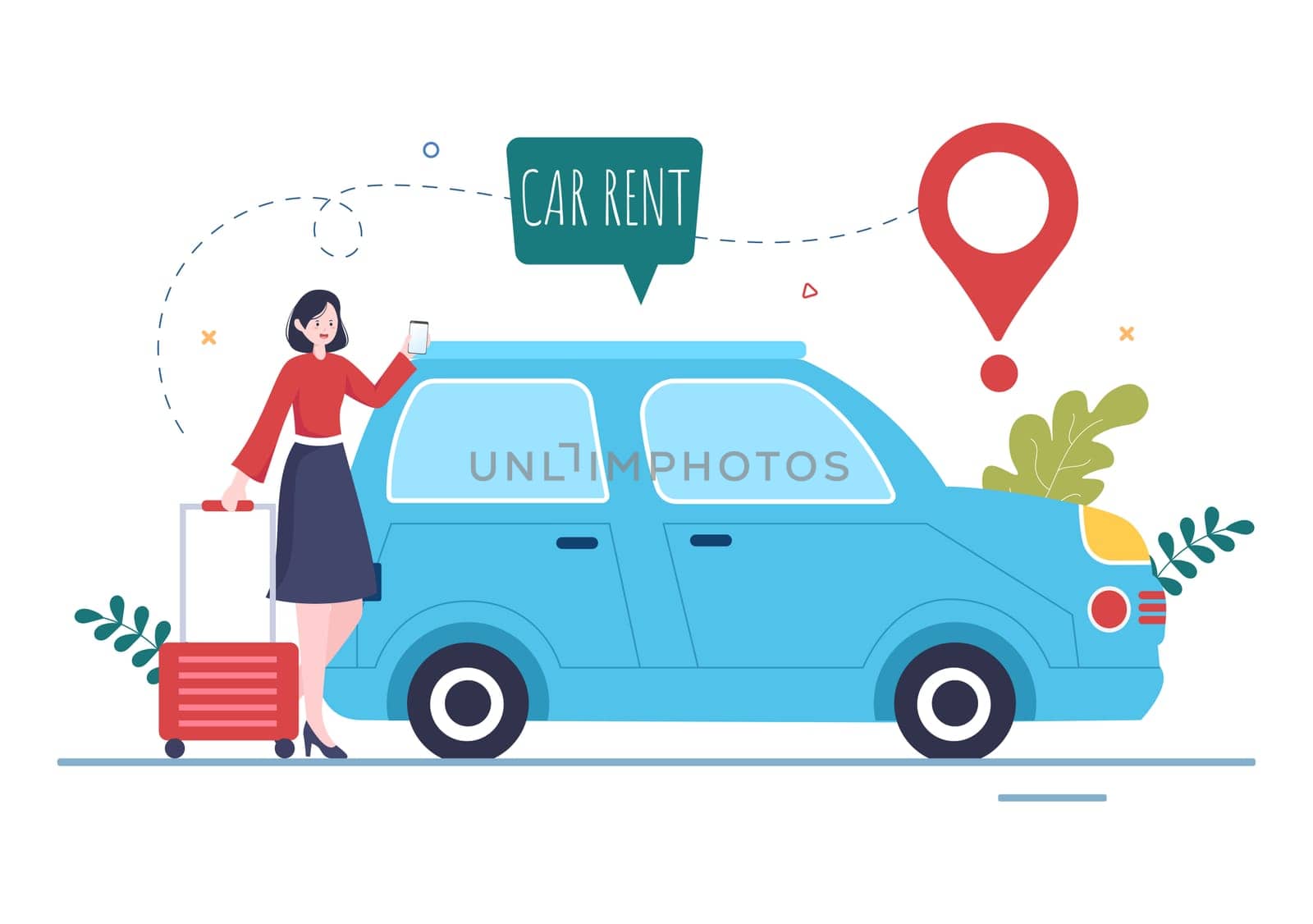 Car Rental, Booking Reservation and Sharing using Service Mobile Application with Route or Points Location in Hand Drawn Cartoon Flat Illustration