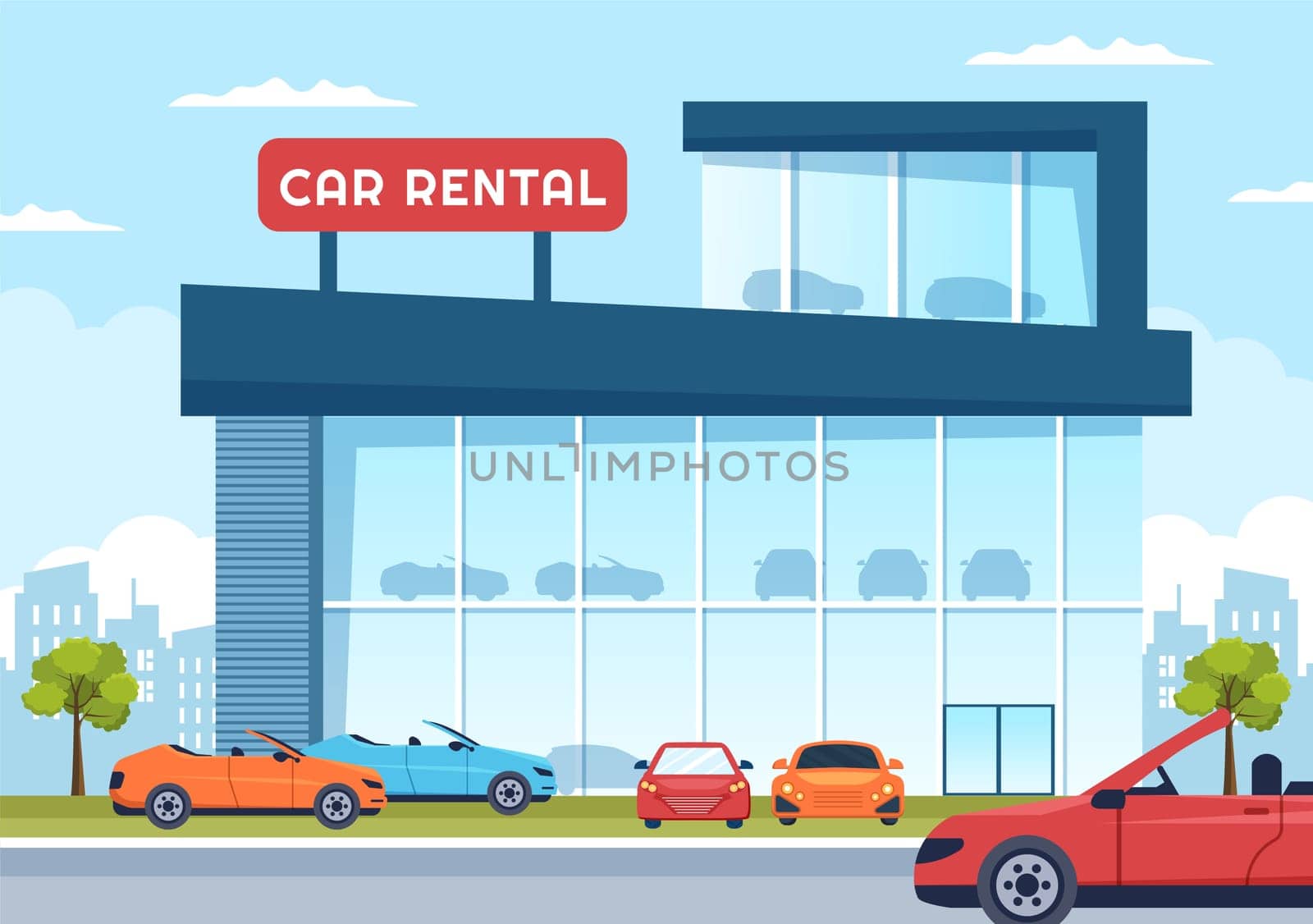 Car Rental, Booking Reservation and Sharing using Service Mobile Application with Route or Points Location in Hand Drawn Cartoon Flat Illustration