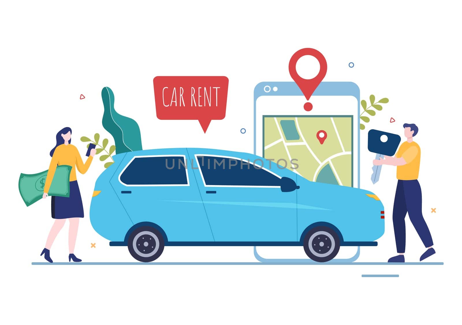Car Rental, Booking Reservation and Sharing using Service Mobile Application with Route or Points Location in Hand Drawn Cartoon Flat Illustration