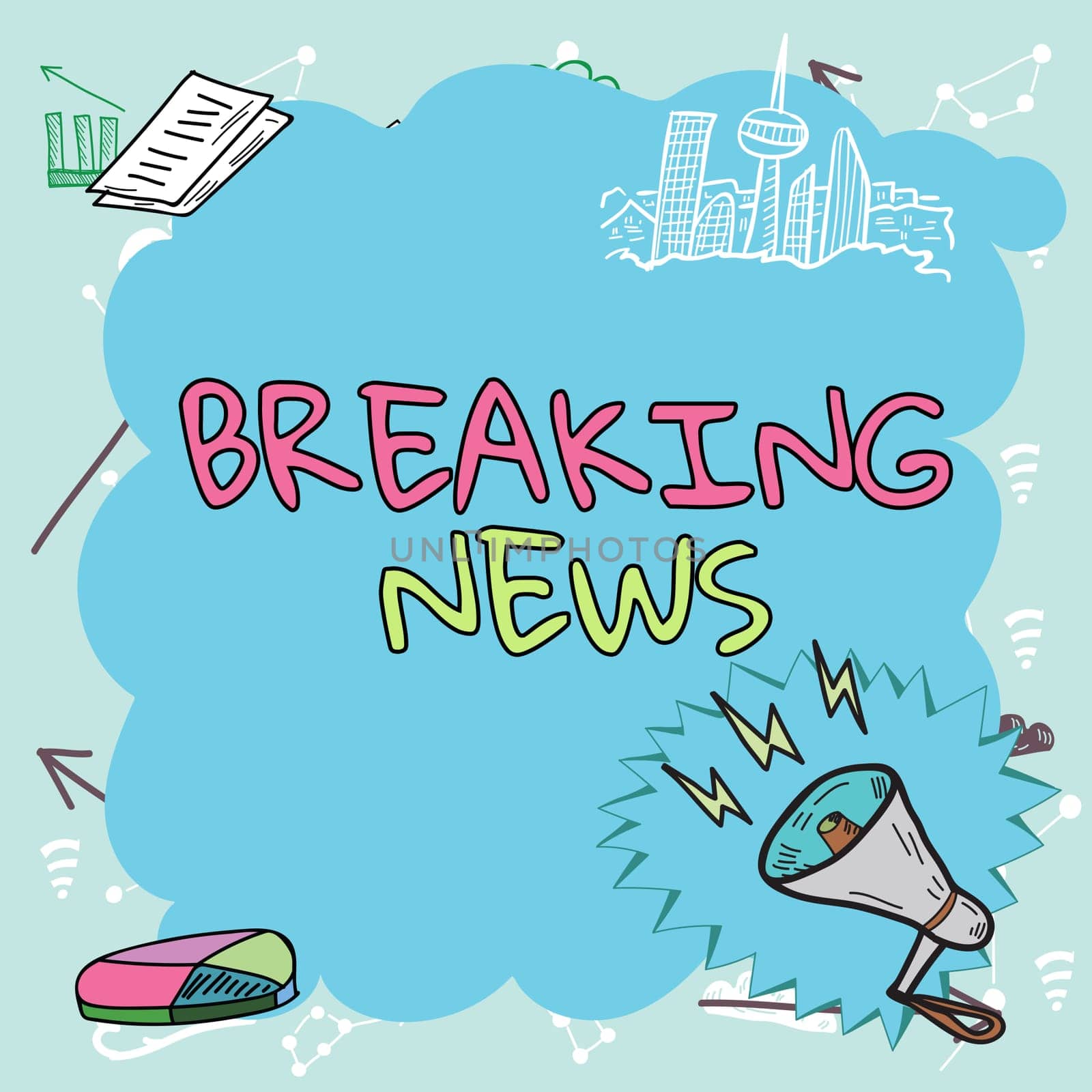 Sign displaying Breaking News, Word for Special Report Announcement Happening Current Issue Flashnews Important Messages Presented In Frame With Megaphone, Chart And Skyline.
