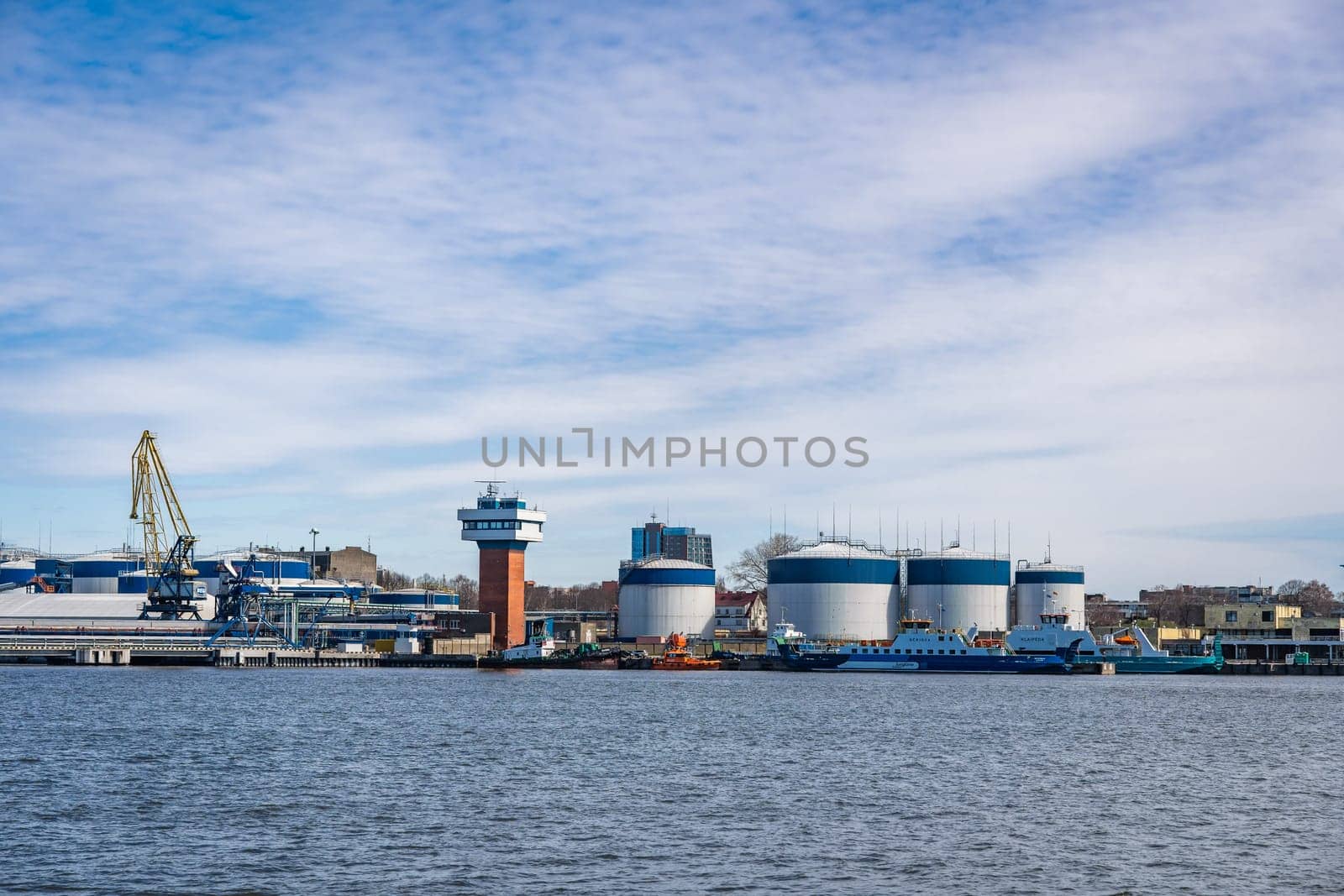 KLAIPEDA, LITHUANIA - APRIL, 18, 2022: Klaipeda International Cargo Port Terminal with tanks