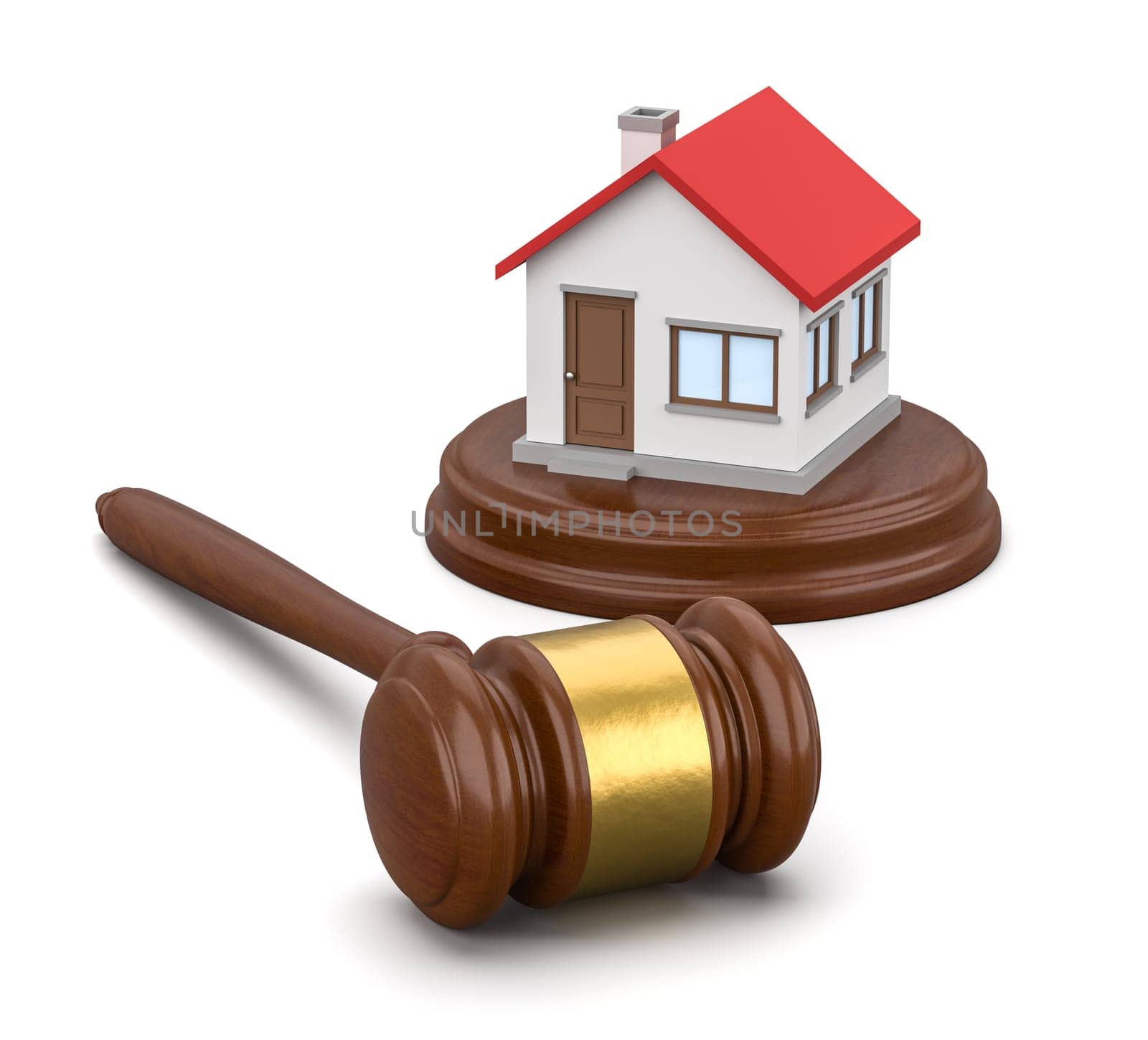 Judge's Gavel and House Isolated on White Background 3D Render Illustration