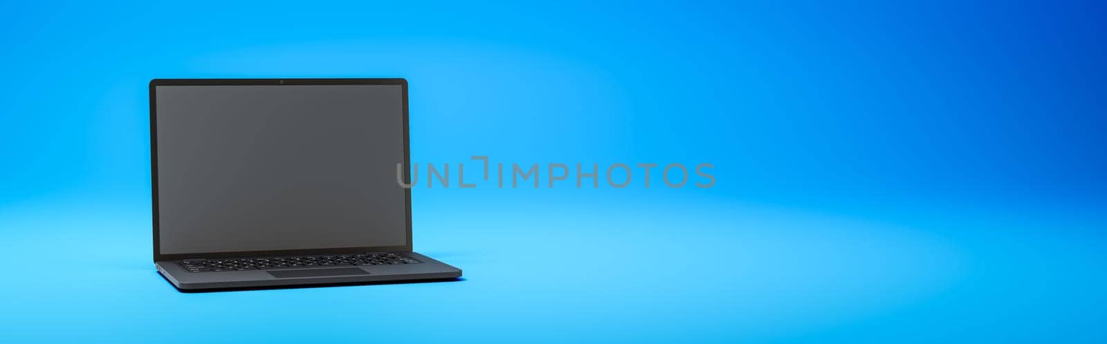 Black Laptop Computer with Blank Screen on Blue Background with Copy Space 3D Render Illustration