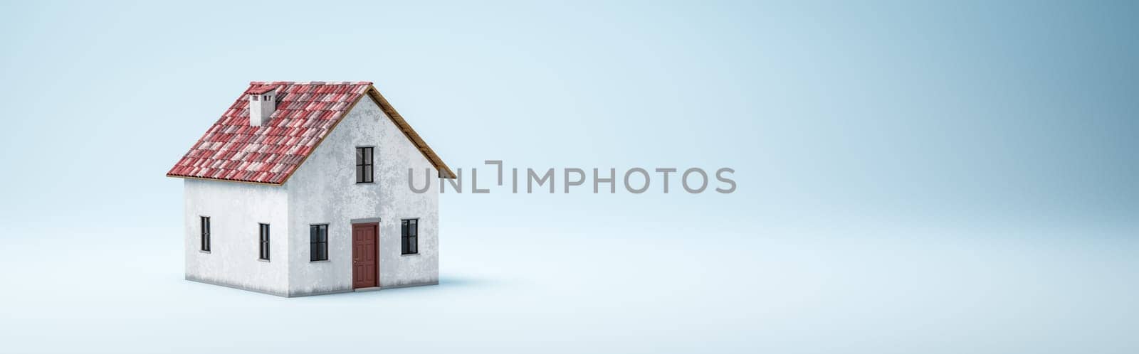 White House with Red Roof on Blue Background with Copy Space 3D Render Illustration