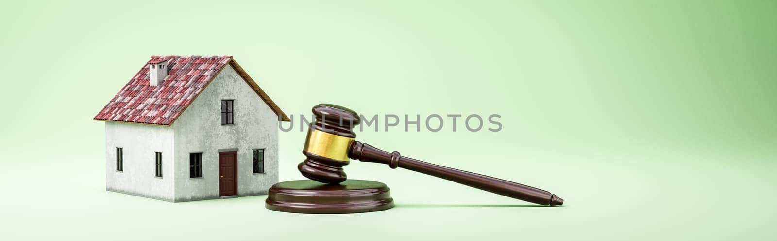 Judge's Gavel and House on Green Background with Copy Space 3D Render Illustration