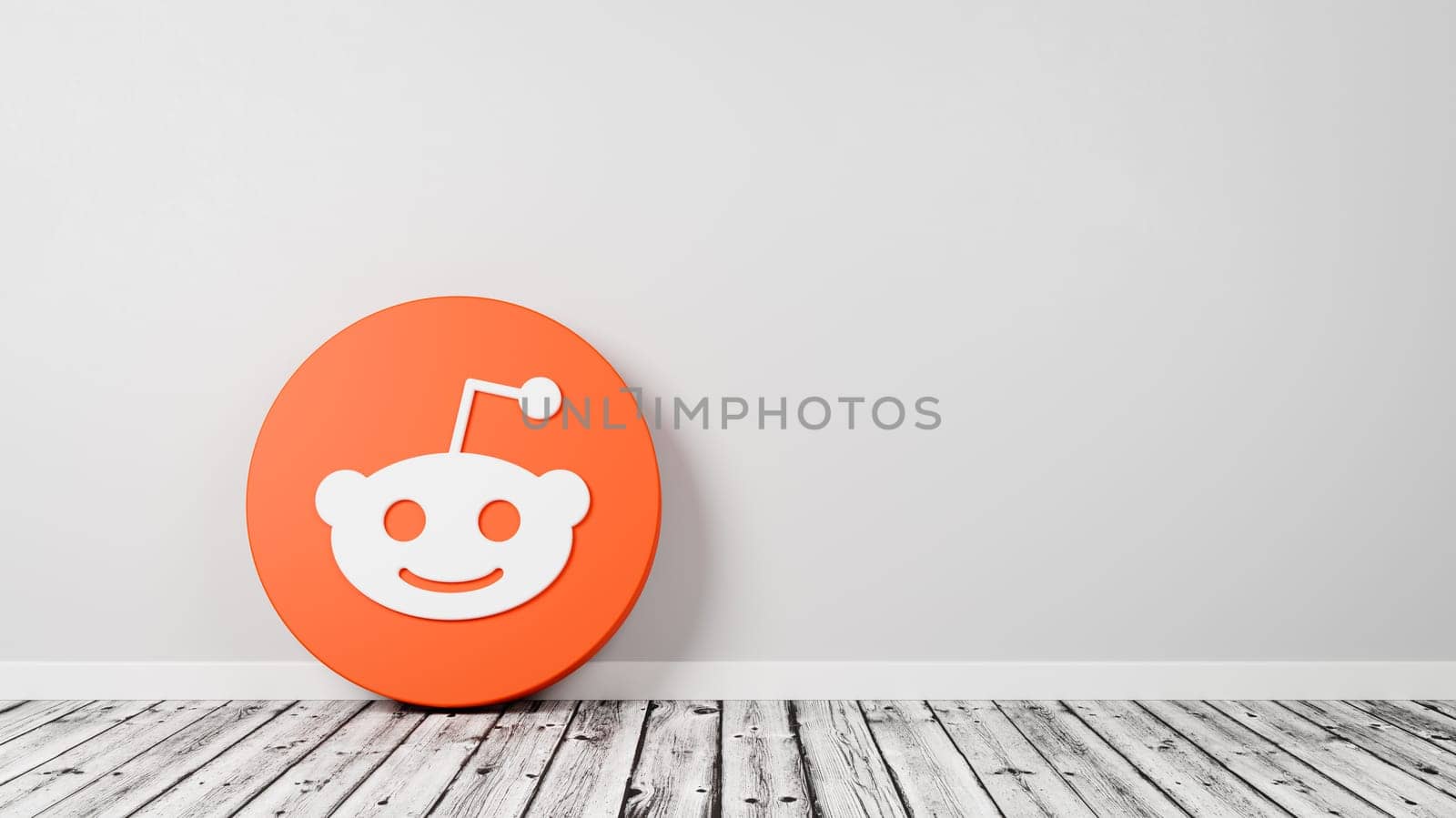 Reddit Logo 3D Symbol Shape on Wooden Floor Against a Gray Wall with Copy Space 3D Render Illustration