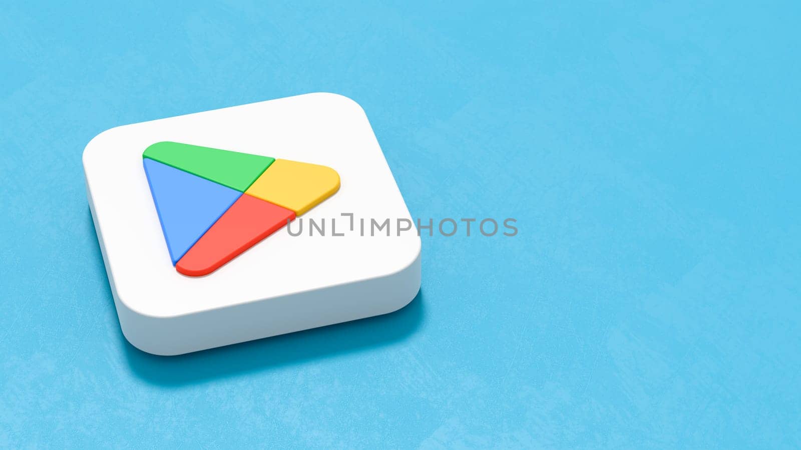 Google Play Store App 2022 Icon on Plastered Blue Background with Copy Space 3D Render Illustration