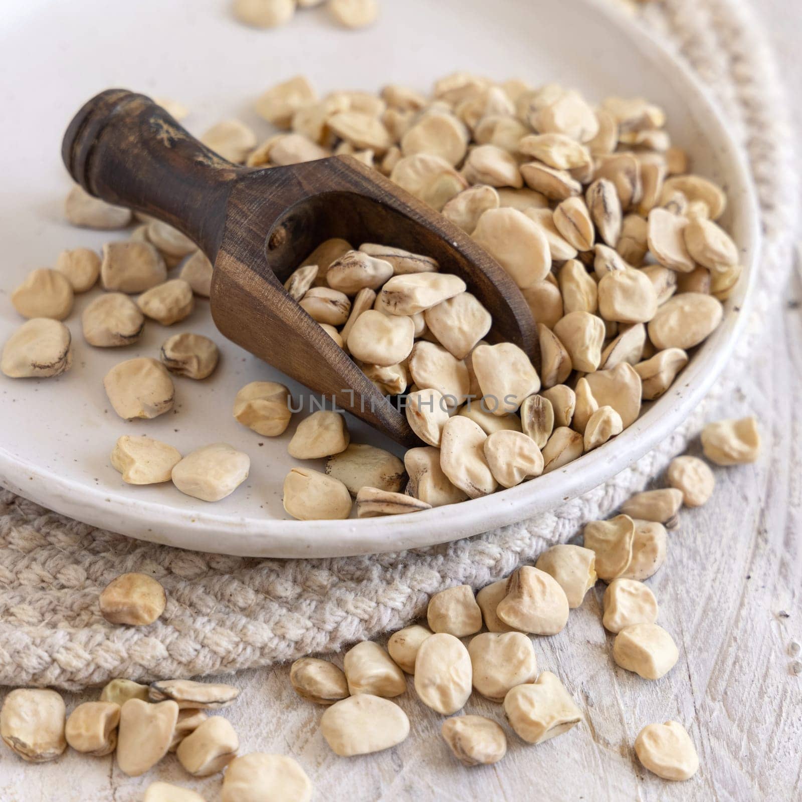 Scoop of raw dry Grass pea close up on wood. Healthy, protein source for vegan and vegetarian diet. Traditional Italian apulian cuisine ingredient. Legumes known as Cicerchia, Vetch, Blue Sweet Pea