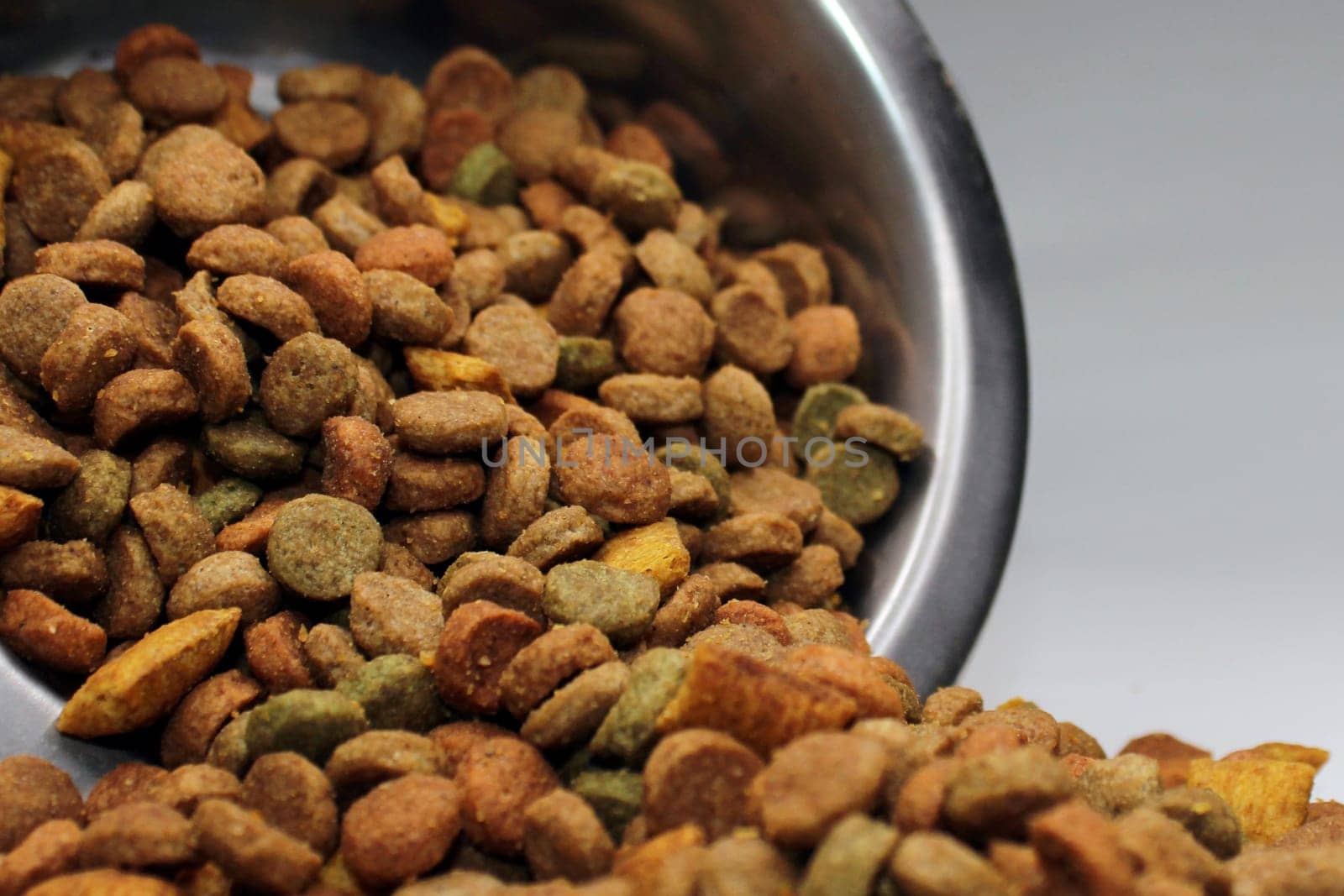 Dry food for cats, dogs, poured out of a bowl, on a light background. Close-up. Blurred near background.