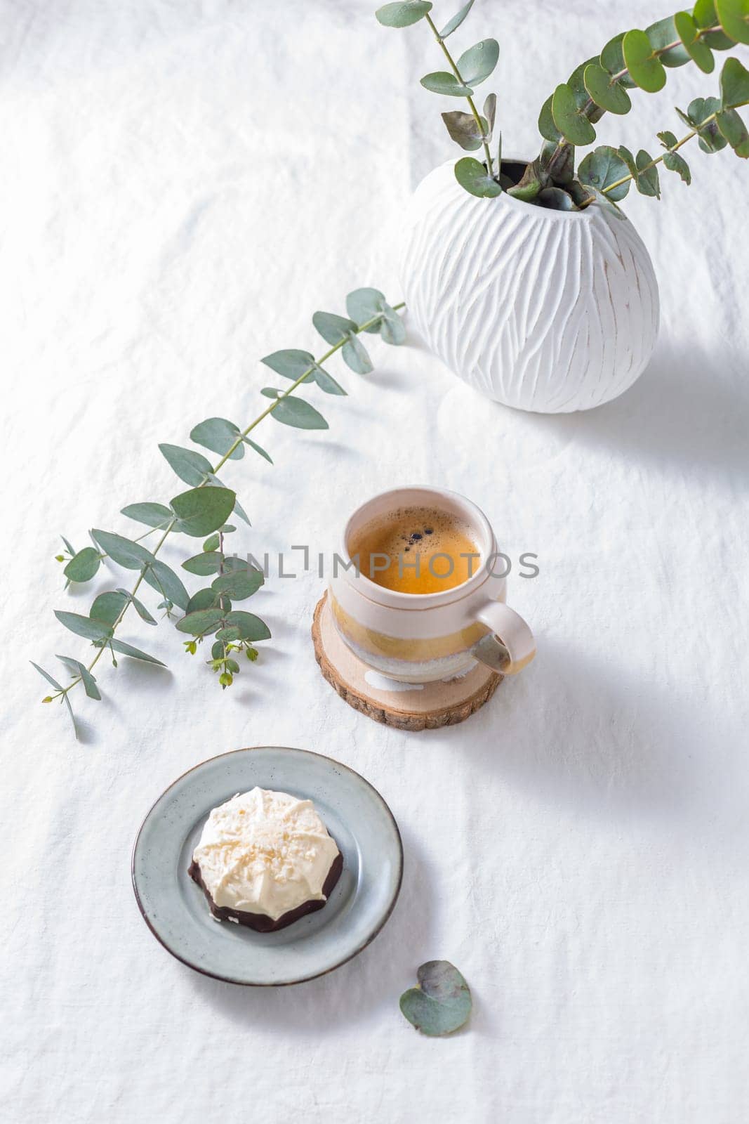 Coffee break - cup of coffee with sweet cake or cookie
