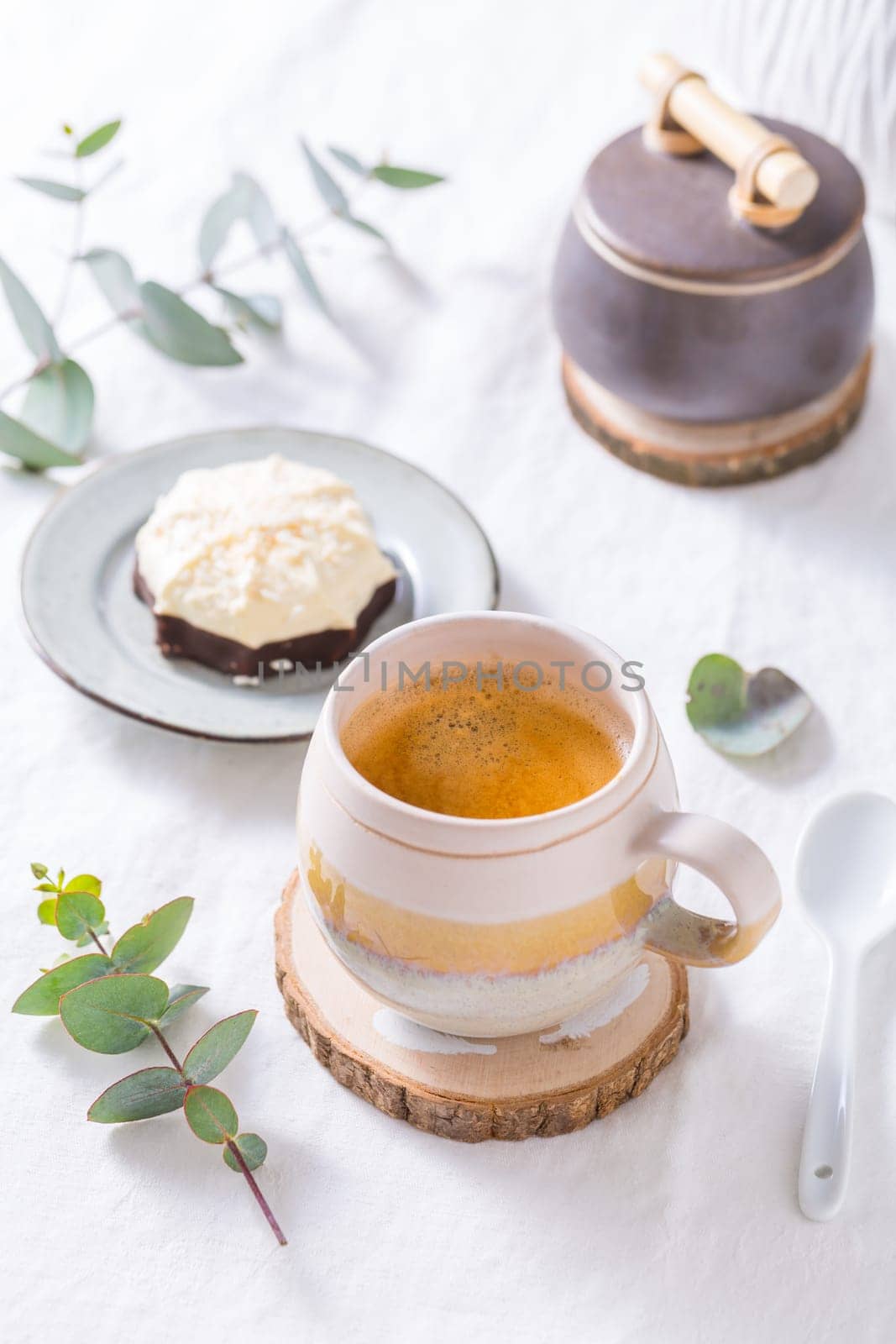 Coffee break - cup of coffee with sweet cake or cookie