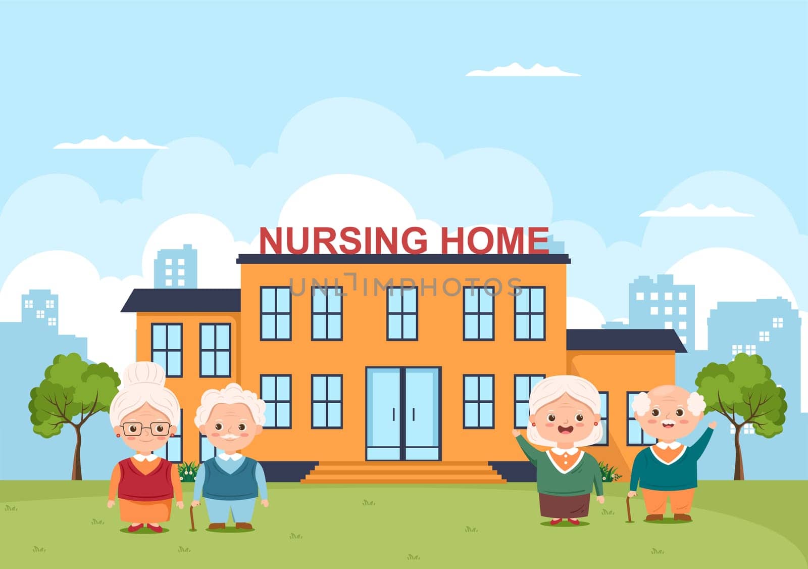 Elderly Care Services Hand Drawn Cartoon Flat Illustration with Caregiver, Nursing Home, Assisted Living and Support Design