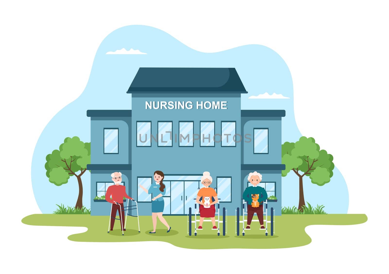 Elderly Care Services Hand Drawn Cartoon Flat Illustration with Caregiver, Nursing Home, Assisted Living and Support Design