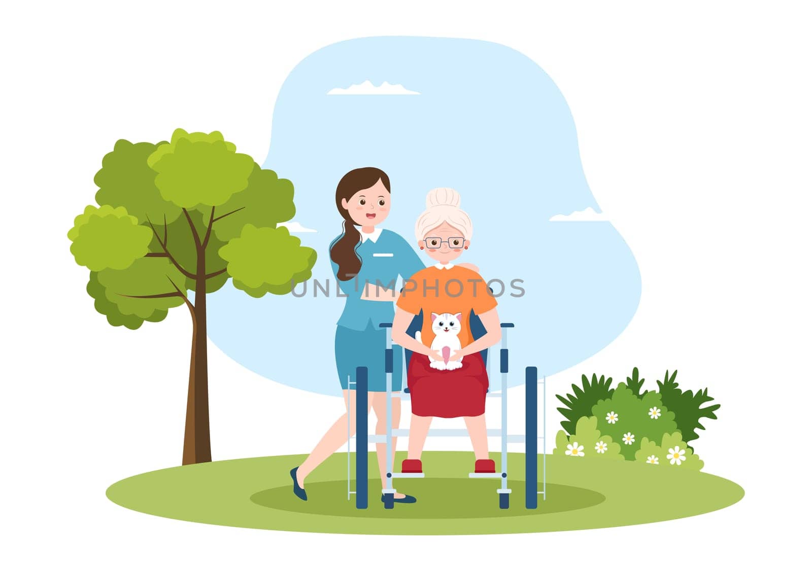 Elderly Care Services Hand Drawn Cartoon Flat Illustration with Caregiver, Nursing Home, Assisted Living and Support Design