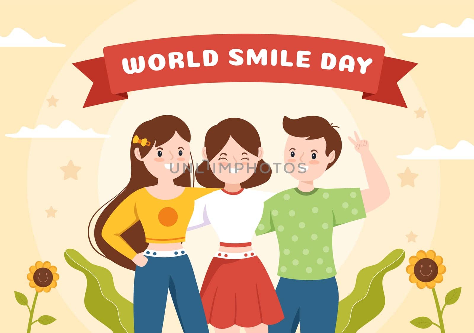 World Smile Day Hand Drawn Cartoon Illustration with Smiling Youth and Happiness Face in Flat Style Background