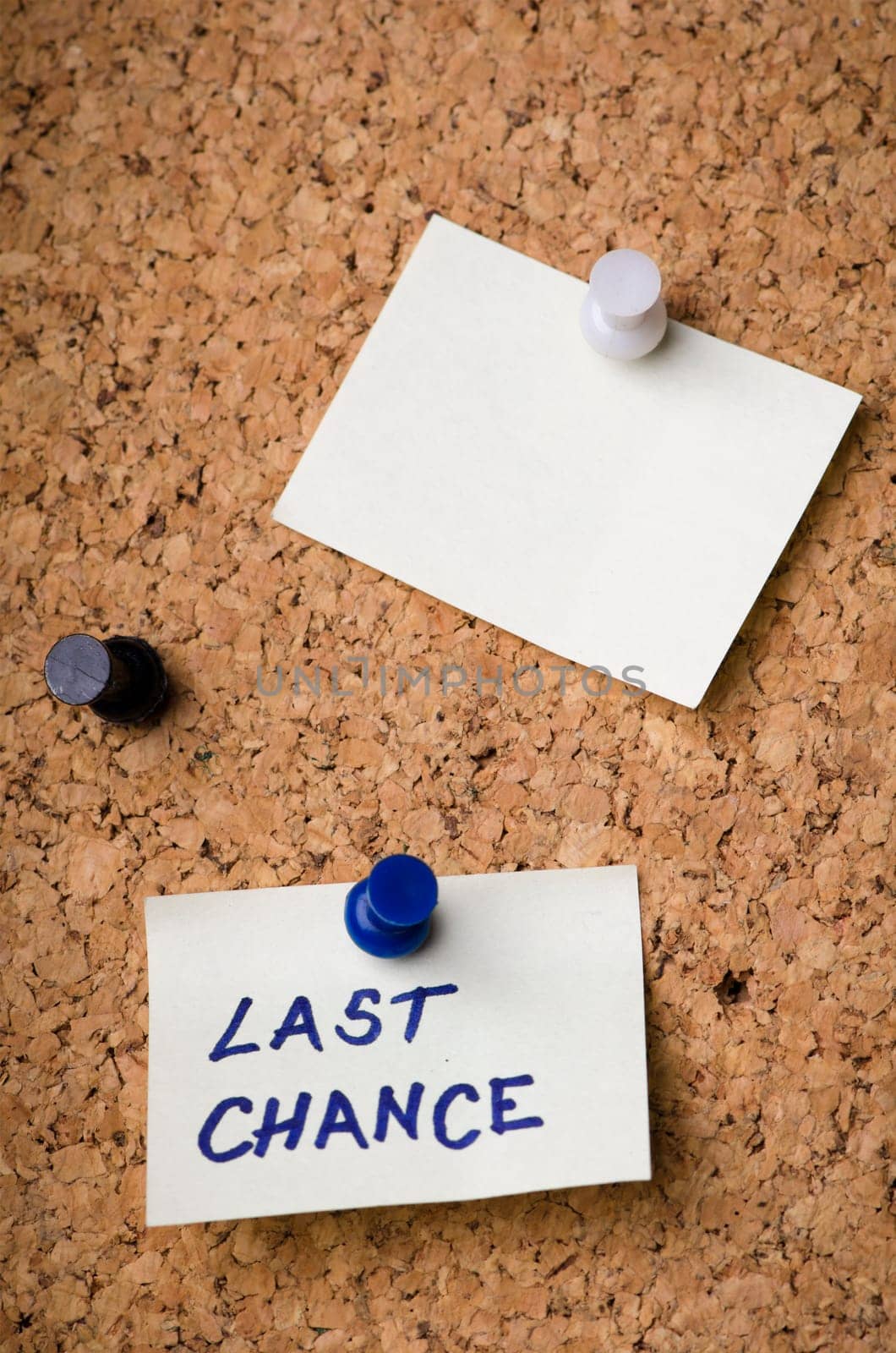 Last chance message on sticker note pin on cork office board. Reminder sign  written on card. Business concept.