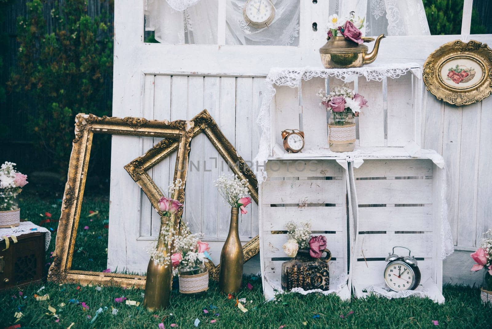 Vintage still life decoration for wedding reception. Marriage and love concept in retro style. Bridal arrangement.