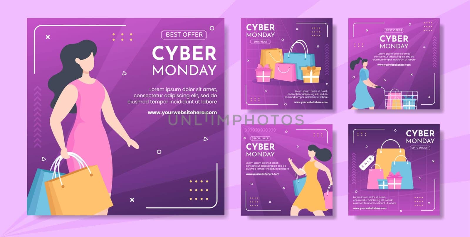 Cyber Monday Sale Social Media Post Template Hand Drawn Cartoon Flat Illustration