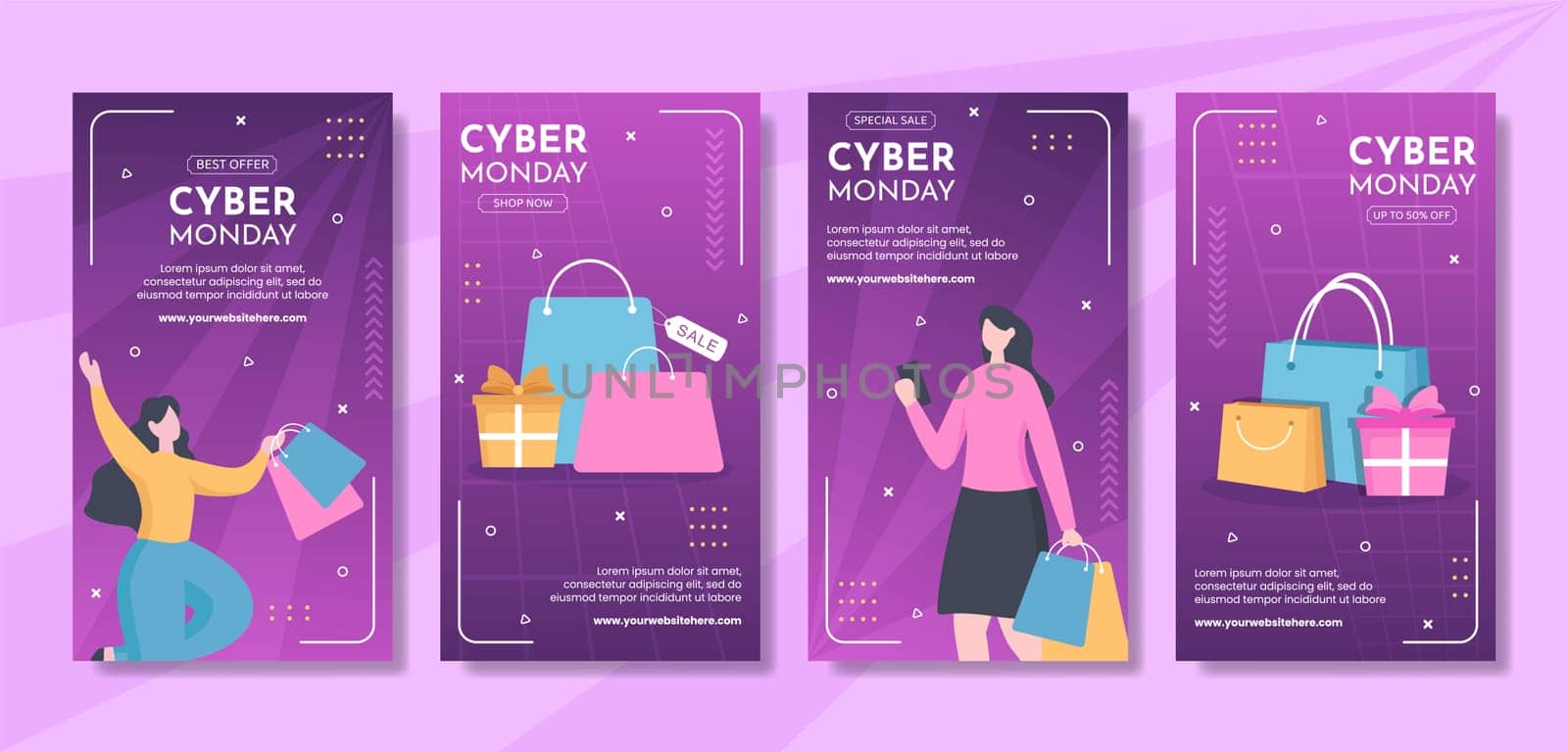 Cyber Monday Sale Social Media Stories Template Hand Drawn Cartoon Flat Illustration