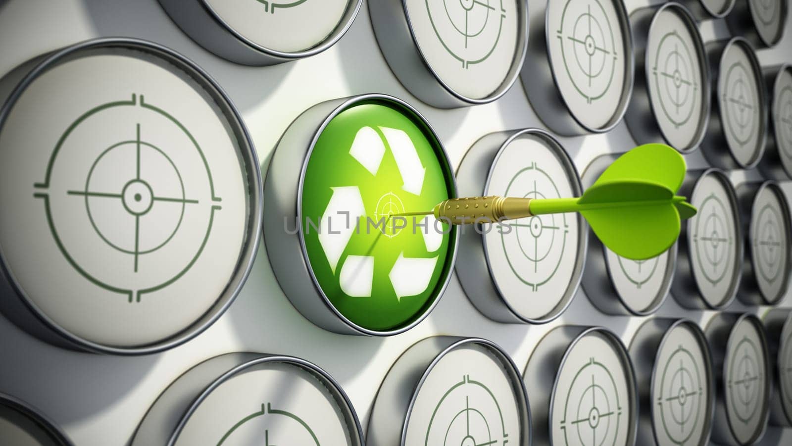 Green dart needle hit at the center of the target with recycle symbol. 3D illustration.