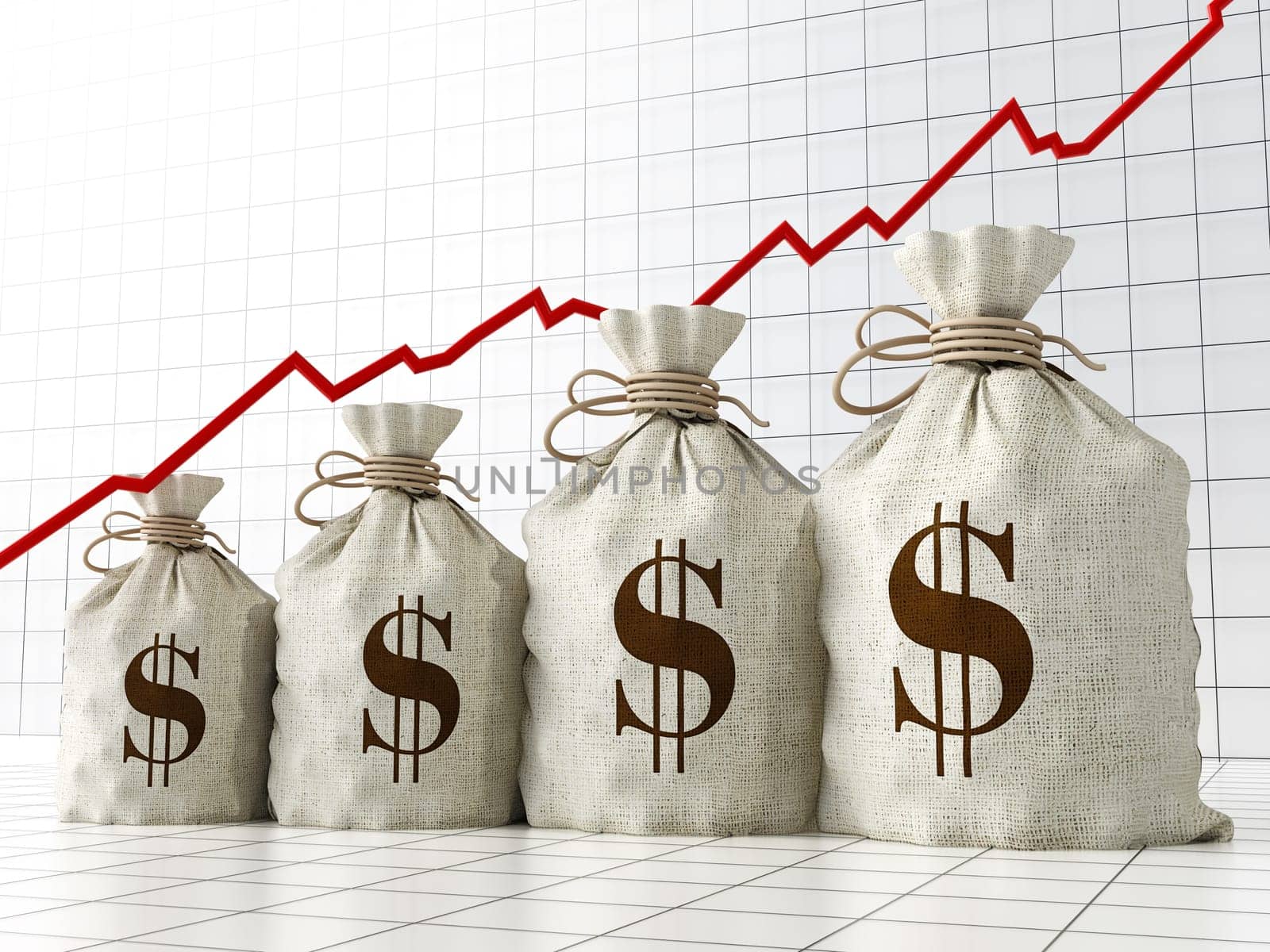 Sacks with Dollar symbol under rising arrow growing in size. 3D illustration.