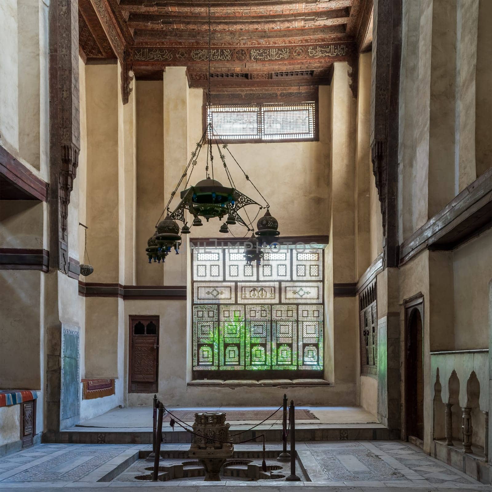 Room at El Sehemy house, an old Ottoman era historic house in Islamic Cairo, built in 1648 with Interleaved wooden window (Mashrabiya) and fountain, Cairo, Egypt
