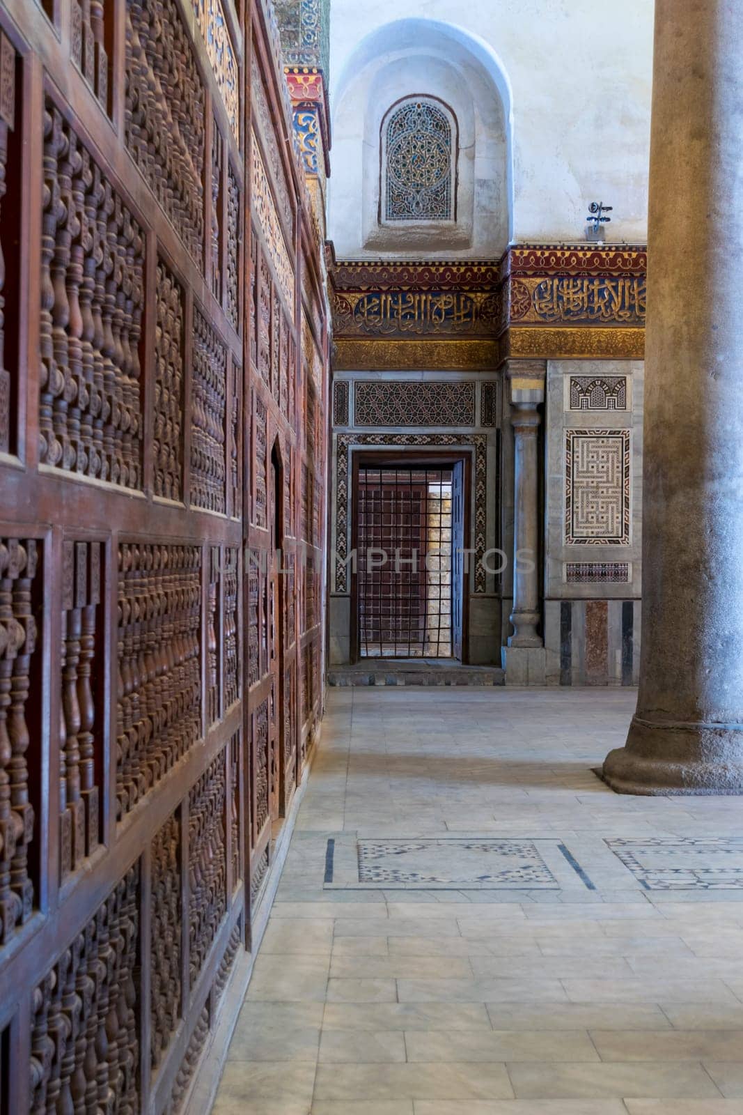 Interior view of decorated marble walls surrounding the cenotaph in the mausoleum of Sultan Qalawun, part of Sultan Qalawun Complex, located in Al Moez Street, Old Cairo, Egypt