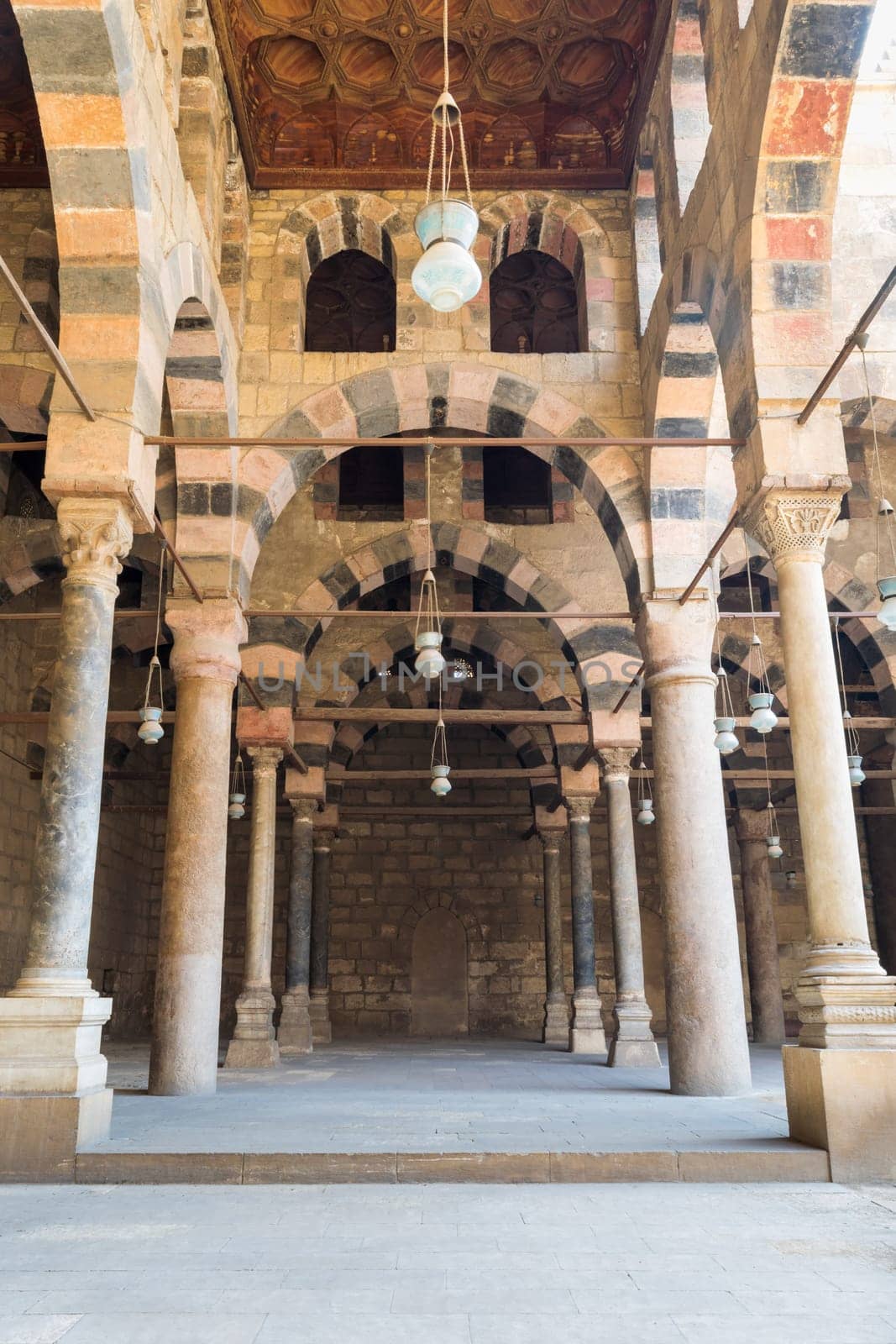 Corridor surrounding the courtyard of the public historical Mosque of al Sultan al Nasir Muhammad Ibn Qalawun situated in the Citadel of Cairo in Egypt