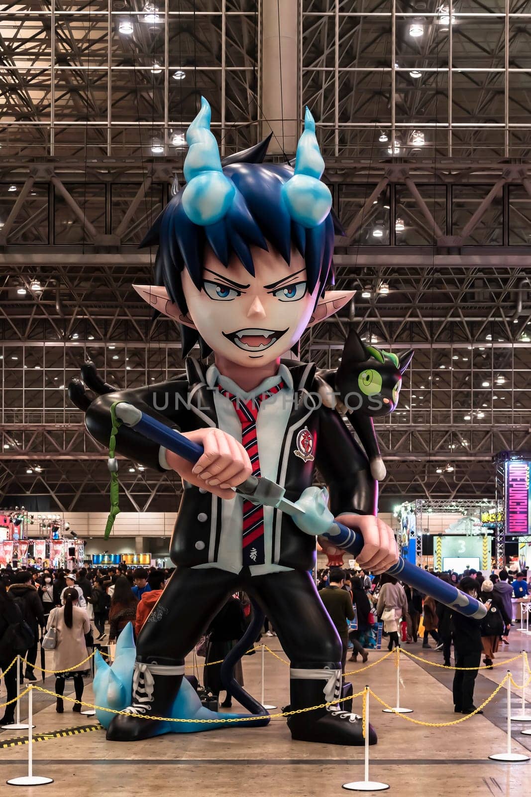 chiba, japan - december 22 2018: Huge inflatable structure of the character Rin Okumura from the anime and manga serie of Blue Exorcist floating under the ceiling of the anime convention Jump Festa