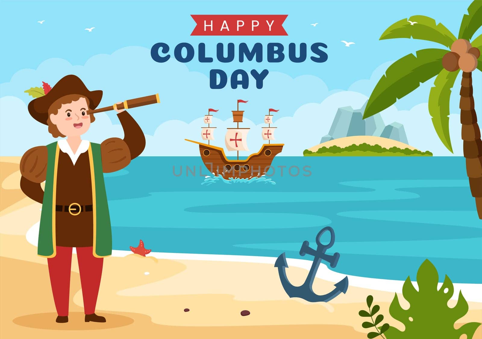 Happy Columbus Day National Holiday Hand Drawn Cartoon Illustration with Blue Waves, Compass, Ship and USA Flags in Flat Style Background