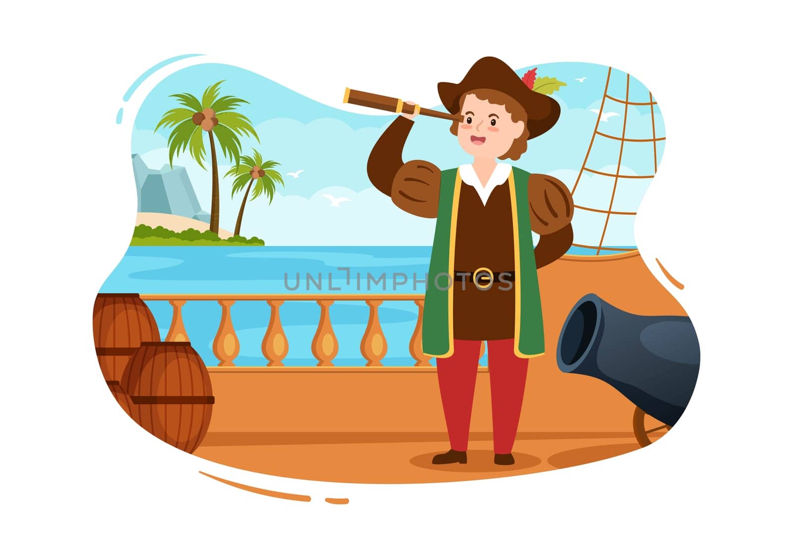 Happy Columbus Day National Holiday Hand Drawn Cartoon Illustration with Blue Waves, Compass, Ship and USA Flags in Flat Style Background