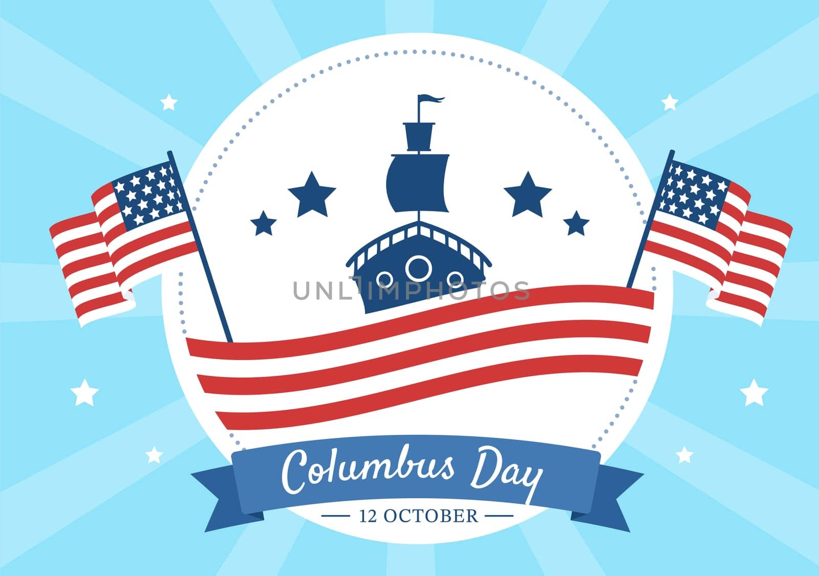 Happy Columbus Day National Holiday Hand Drawn Cartoon Illustration with Blue Waves, Compass, Ship and USA Flags in Flat Style Background